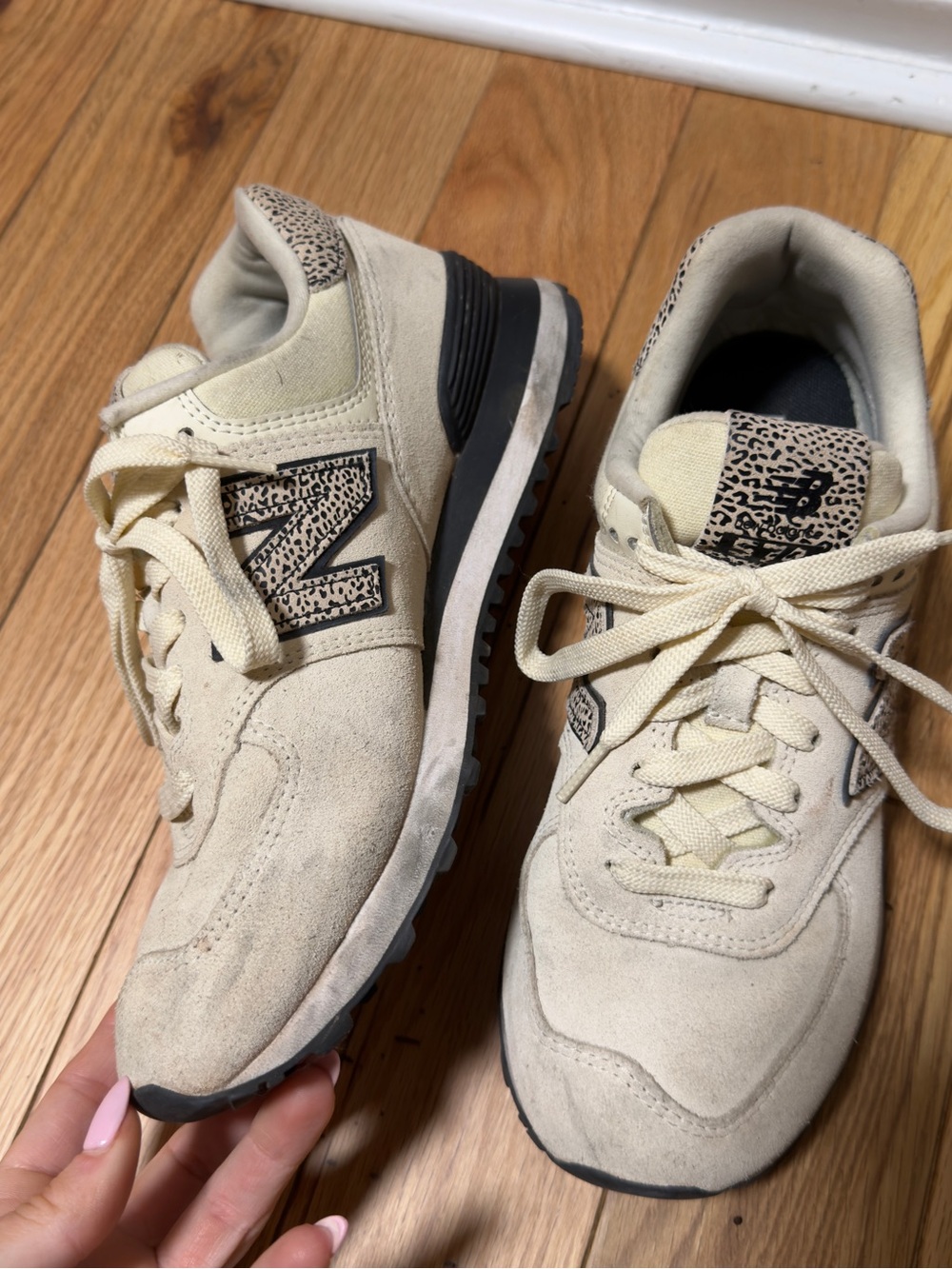 New Balance Cream Suede Sneakers with Leopard Print Accents